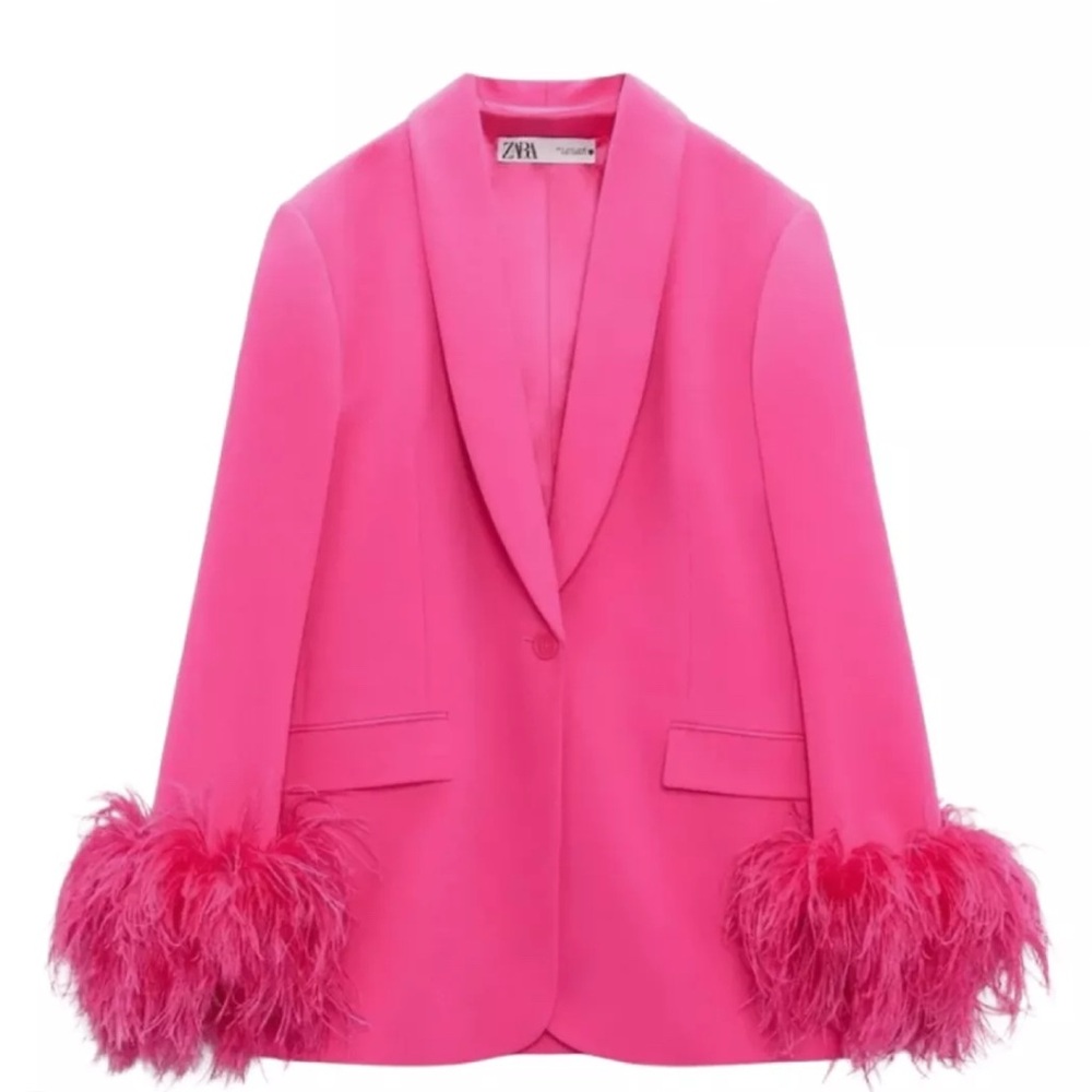 Vibrant Pink Feather-Trimmed Women's Blazer